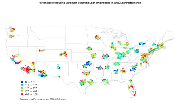Figure 2 is a map of the continental United States that shows the number of subprime mortgage originations per 100 housing units by zip code for the top 100 metropolitan statistical areas, or MSAs, ranked by population.  The graph is titled "Percentage of Housing Units with Subprime Loan Originations in 2005, LoanPerformance."  The source note says "LoanPerformance and 2000 US Census."  The key in the bottom right tells us that zip codes are grouped into five categories: 0-1.1, 1.1-1.7, 1.7-2.7, 2.7-4.6, and 4.6-100 originations per 100 housing units.  The darkest shading represents the least subprime originations and progresses so that the lightest shading represents the highest origination percentage. Starting in the western US, subprime originations are high on the west coast, mostly in the 2.7-4.6 or 4.6-100 range.  The highest concentrations in the area appear to be in Los Angeles, Pheonix, the outlying San Francisco Bay area, and Seattle.  Some areas with lower concentrations of subprime originations are scattered throughout the west coast, notably right next to the San Francisco Bay and along the Mexican border in Pheonix.  In the Midwest region we see a wide range of subprime originations.  The MSAs with more subprime originations are in Minneapolis, Dallas, and inner Chicago, while the MSAs with fewer originations are Pittsburgh, Oklahoma, Omaha, and Louisville.  Most of these MSAs are in the 1.7-2.7 and 2.7-4.6 ranges, with the zip codes in the center of the MSAs having a higher concentration of subprime originations.  For the South, the MSAs with the most subprime originations are in Florida - especially Miami and Orlando - and in Atlanta, while subprime lending is less concentrated in Birmingham, New Orleans, and Columbia.  Outside of Florida, the MSAs in the South have fewer subprime originations in general than other regions of the United States.  In the Northeast, higher concentrations of subprime lending occur in Washington, DC, Baltimore, and Providence, whereas Buffalo and Albany have fewer originations.