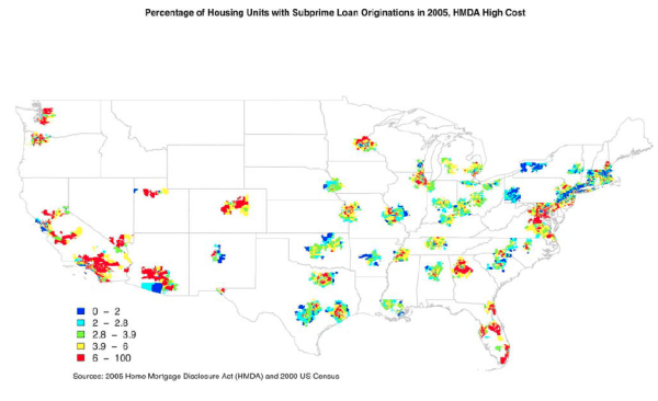 Figure 3 is a map of the continental United States that shows the number of subprime mortgage originations per 100 housing units by zip code for the top 100 MSAs ranked by population.  The graph is titled "Percentage of Housing Units with Subprime Loan Originations in 2005, HMDA High Cost."  The source note says "Home Mortgage Disclosure Act (HMDA) and 2000 US Census."  The key in the bottom right tells us that zip codes are grouped into five categories: 0-2, 2-2.8, 2.8-3.9, 3.9-6, and 6-100 subprime originations for every 100 housing units.  The darkest shading represents the least subprime originations and progresses so that the lightest shading represents the highest origination percentage. Starting in the western US, the most prominent category is the 6-100 originations per 100 housing units, although categories with fewer originations are also present.  The Seattle, Portland, San Francisco, Los Angeles, Pheonix, Las Vegas, Salt Lake City and Denver MSA regions all display high shares of subprime originations.  Only Albuquerque, NM strays from this pattern.  Subprime lending is less prominent in the Midwest.  In this region, the MSAs with the highest concentrations of subprime originations are Minneapolis, Chicago, St. Louis (Missouri-side), and Dallas, while the MSAs with lower subprime concentrations are Austin, Omaha, St. Louis (Illinois-side), and Pittsburgh.  In the South, many zip codes in Florida and in Atlanta have high subprime concentrations, but the rest of the zip codes have moderate concentrations.  Columbia, Winston-Salem, and Little Rock show the lowest subprime concentrations in the region.  In the Northeast, Washington, DC, Baltimore, MD, and Worcester, MA have high subprime concentrations.  For most of the rest of the Northeast, though, concentrations of subprime originations are relatively low.