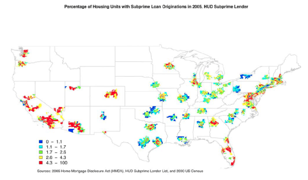Figure 4 is a map of the continental United States that shows the number of subprime mortgage originations per 100 housing units by zip code for the top 100 MSAs ranked by population.  The graph is titled "Percentage of Housing Units with Subprime Loan Originations in 2005, HUD Subprime Lender."  The source note says "Home Mortgage Disclosure Act (HMDA), HUD Subprime Lender List, and 2000 US Census."  The key in the bottom right tells us zip codes are grouped into five categories: 0-1.1, 1.1-1.7, 1.7-2.6, 2.6-4.3, and 4.3-100 subprime mortgage originations per 100 housing units.  The darkest shading represents the least subprime originations and progresses so that the lightest shading has the highest origination percentage. Starting in the western United States, many zip codes in the large MSAs have high concentrations of subprime originations, far more than any other region in the US.  The only MSAs with relatively low concentrations are Albuquerque, NM and some zip codes by the coast in the San Francisco Bay area and in the outskirts of Pheonix.  In the Midwest, most zip codes have moderate amounts of subprime originations, although Minneapolis, Chicago, and Dallas have more high-concentration Zip codes and Oklahoma, Pittsburgh, and Eastern St. Louis (in Illinois) have more low-concentration Zip codes.  The trend for most MSAs in the Midwest is for more concentrated subprime originations in the center-city zip codes, and lower concentrations farther away from the center.  In the South, large concentrations of subprime lending occur in Florida and in Atlanta.  Lesser subprime areas are in Little Rock, New Orleans, outer Birmingham, and Winston-Salem.  For the Northeast, many zip codes in Washington, DC, Baltimore, Worcester, and Providence areas have high subprime lending.  Buffalo and Albany have lower concentrations of subprime lending.