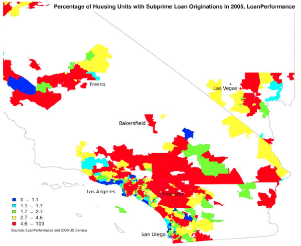 Figure 5 is a close-up map of the Southern half of California and the Las Vegas area and is broken down by zip code in the large MSAs - Las Vegas, Los Angeles, Fresno, Bakersfield, Riverside, and San Diego.  The map is titled "Percentage of Housing Units with Subprime Loan Originations in 2005, LoanPerformance."  The source note says "LoanPerformance and 2000 US Census."  The key in the bottom right tells us zip codes are grouped into five categories: 0-1.1, 1.1-1.7, 1.7-2.7, 2.7-4.6, and 4.6-100 subprime originations per 100 housing units.  The darkest shading represents the least subprime originations and progresses so that the lightest shading has the highest origination percentage. Most of the zip codes in this region have heavy concentrations of subprime lending, with either 2.7-4.6 or 4.6-100 subprime originations per 100 housing units, with some zip codes with lower concentrations along the coast in Los Angeles and San Diego.  The Riverside MSA is almost entirely made of 4.6-100 originations per 100 housing unit  zip codes and is the most noticeable uniform shading area on the map.  Fresno, Bakersfield, Las Vegas, and parts of Los Angeles are also dominated by Zip codes with high concentrations of subprime originations.