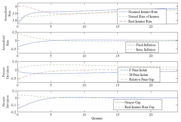Figure 1. Impulse Responses to a Final Goods Productivity Shock, Four Panels.  The figure plots the impulse responses of macroeconomic variables to a positive one-standard-deviation shock in the final-goods producing sector.  Top panel: impulse response curves for the nominal interest rate, natural rate of interest, and real interest rate are plotted.  X axis displays quarters, Y axis displays annualized percent of interest.  This panel shows that both the nominal and natural rates of interest begin below their steady states following the shock, and then slowly, monotonically move back to their steady-state values.  The real interest rate initially holds near its steady-state value, then moves down for several quarters until it coincides with the natural rate of interest; thereafter it moves up with the natural rate of interest towards the steady-state value.  Second panel: impulse response curves for final goods and intermediate goods inflation are plotted.  X axis displays quarters, Y axis displays annualized rate of inflation.  Final goods inflation begins below its steady-state value and intermediate goods inflation begins above its steady-state value.  Final goods inflation quickly moves up and just barely overshoots its steady-state value of zero, and very gradually moves back towards its steady-state value; intermediate goods inflation follows the same pattern, but begins above, quick moves down (just barely going below its steady-state value), and then very gradually moves up toward its steady-state value of zero.  Third panel: impulse response curves for the final goods price index, the intermediate goods price index, and the gap between the actual and the efficient equilibrium ratios of the intermediate goods price index over the final goods price index.  X axis shows quarters, Y axis shows the percent deviation.  The final goods price index starts below its initial value from the steady state (before the shock), moves down further, before gradually returning towards its initial value (the value it had in the steady state prior to the shock).  The intermediate goods price index starts above its initial value, moves up slightly, before gradually coming down towards its initial pre-shock value.  The gap of the price index ratios starts negative, moves down slightly, and then slowly returns to its steady-state value of zero.  Fourth panel: impulse response curves for the output gap and the real interest rate gap are plotted.  X axis displays quarters, Y axis shows the percent deviation.  The output gap starts off negative and then moves quickly, just overshooting its steady-state value of zero, before gradually coming back to zero.  The real interest rate gap starts off as positive, moves down going just below its steady-state value of zero, and then very gradually moves back towards its steady-state value.