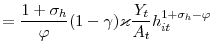 \displaystyle =\frac{1+\sigma_{h}}{\varphi}(1-\gamma)\varkappa\frac{Y_{t}}{A_{t}}% h_{it}^{1+\sigma_{h}-\varphi}% 