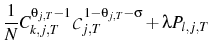 \displaystyle \frac{1}{N}C_{k,j,T}^{\theta_{j,T}-1}\mathcal{C}_{j,T}^{1-\theta_{j,T}-\sigma}+\lambda P_{l,j,T} 