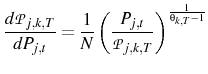 \displaystyle \frac{d\mathcal{P}_{j,k,T}}{d P_{j,t}}=\frac{1}{N}\left(\frac{P_{j,t}}{\mathcal{P}_{j,k,T}}\right)^{\frac{1}{\theta_{k,T}-1}} 