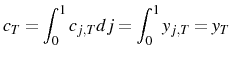 \displaystyle c_{T}=\int_{0}^{1}c_{j,T}dj=\int_{0}^{1}y_{j,T}=y_{T} 