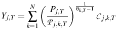 \displaystyle Y_{j,T}=\sum_{k=1}^{N}\left(\frac{P_{j,T}}{\mathcal{P}_{j,k,T}}\right)^{\frac{1}{\theta_{k,T}-1}}\mathcal{C}_{j,k,T}