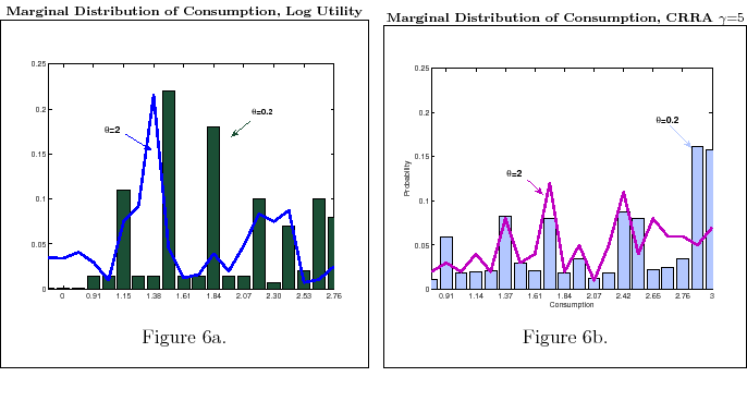 Figures 6a and 6b. Figure 6a: When $\theta =2$, people select how much information they want to process and which values of wealth to be better informed about according to their utility. Also in this case, the higher the degree of risk aversion, the higher the quest for information ($\kappa $). For a given level of $\theta $ , a person with log utility would be better informed on extreme values of wealth to avoid such values. This knowledge makes it possible to assign high probability to middle value of consumption, as his utility commands. Figure 6b: By contrast, a consumer with CRRA, $\gamma =5$, wants to avoid low values of consumption for high values of wealth. Processing information about these events decreases the likelihood of their occurrence and makes it possible to place high probability on high value of consumption. This mechanisms makes consumption more persistent for people with higher degree of risk aversion .