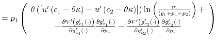\displaystyle =p_{1}\left( \begin{array}[c]{c}% \theta\left( \left[ u^{\prime}\... ...l g_{c_{2}}^{\prime }\left( \cdot\right) }{\partial p_{1}}% \end{array} \right)