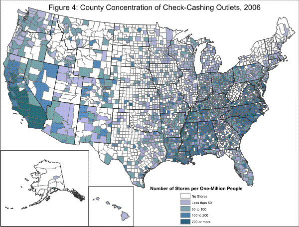 Figure 4: County Concentration of Check-Cashing Outlets, 2006 is a map of the 50 states with geographic distributions for number of check-cashing outlets per one-million people. The state's counties have varying distributions across the following categories: no stores, less than 50, 50 to 100, 100 to 200, and 200 or more. The highest concentrations are in the East South Central, South Atlantic, Middle Atlantic, Pacific, and Mountain regions.