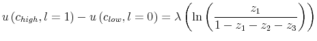 \displaystyle u\left( c_{high},l=1\right) -u\left( c_{low},l=0\right) =\lambda\left( \ln\left( \frac{z_{1}}{1-z_{1}-z_{2}-z_{3}}\right) \right) 