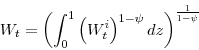 \begin{displaymath} W_{t}=\left(\int_{0}^{1}\left(W^{i}_{t}\right)^{1-\psi}dz \right)^{\frac{1}{1-\psi}} \end{displaymath}
