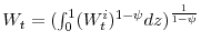 W_{t}=(\int_{0}^{1}(W^{i}_{t})^{1-\psi}dz)^{\frac{1}{1-\psi}}