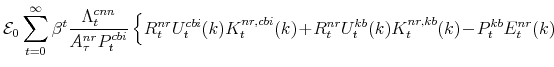\displaystyle \mathcal{E}_{0}\sum_{t=0}^{\infty} \beta^{t} \frac{% \Lambda^{cnn}_{t}}{A^{nr}_{\tau}P^{cbi}_{t}} \left \{R_{t}^{nr}U^{cbi}_{t}(k)K^{nr,cbi}_{t}(k) \!+\!R_{t}^{nr}U^{kb}_{t}(k)K^{nr,kb}_{t}(k)\!-\!P^{kb}_{t}E^{nr}_{t}(k) \right.