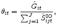 \displaystyle \theta_{it} = \frac{\tilde{G}_{it}}{\sum_{j=1}^{J} \tilde{S}^{\mathrm{IO}}_{ijt}},