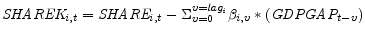 \displaystyle \textit{SHAREK}_{i,t} = \textit{SHARE}_{i,t} - \Sigma_{v=0}^{v=\textit{lag}_{i}} \beta_{i,v} * (\textit{GDPGAP}_{t-v})