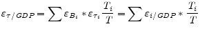 \displaystyle \varepsilon_{\tau/\textit{GDP}} = \sum \varepsilon_{\textit{B}_{i}} * \varepsilon_{\tau_{i}} \frac{\textit{T}_{i}}{\textit{T}} = \sum \varepsilon_{i/\textit{GDP}} * \frac{\textit{T}_{i}}{\textit{T}}