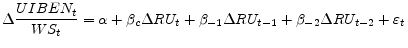 \displaystyle \Delta \frac{UIBEN_{t}}{WS_t} = \alpha + \beta_{c} \Delta RU_{t} + \beta_{-1} \Delta RU_{t-1} + \beta_{-2} \Delta RU_{t-2} + \varepsilon_{t}