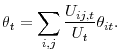  \theta _{t}=\displaystyle\sum\limits_{i,j}\frac{U_{ij,t}}{U_{t}}\theta _{it}.