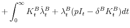 \displaystyle + \int^{\infty}_0 K^B_t \dot{\lambda}^B_t + \lambda^B_t(pI_t - \delta^B K^B_t)dt