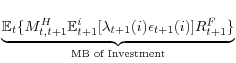 \displaystyle \overset{}{\underset{\text{MB of Investment}}{\underbrace{\mathbb{E} _{t}\{M_{t,t+1}^{H}\mathbb{E}_{t+1}^{i}[\lambda_{t+1}(i)\epsilon _{t+1}(i)]R_{t+1}^{F}\}}}}