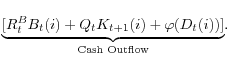 \displaystyle \underset{\text{Cash Outflow}}{\underbrace{[R_{t}^{B}B_{t} (i)+Q_{t}K_{t+1}(i)+\varphi(D_{t}(i))]}}.