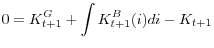 \displaystyle 0=K_{t+1}^{G}+\int K_{t+1}^{B}(i)di-K_{t+1}