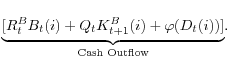 \displaystyle \underset{\text{Cash Outflow}}{\underbrace{[R_{t}^{B}B_{t} (i)+Q_{t}K_{t+1}^{B}(i)+\varphi(D_{t}(i))]}}.
