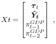 \displaystyle Xt = \begin{bmatrix}\vec\tau_t \\ \vec{\tilde Y_t} \\ \pi^{GDP}_{t-1} \\ \pi^{GDP}_{t-2} \end{bmatrix}\; ,