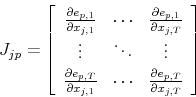 \begin{displaymath} J_{jp} = \left[ \begin{array}{ccc} \frac{\partial e_{p,1}}{\partial x_{j,1}} & \cdots & \frac{\partial e_{p,1}}{\partial x_{j,T}} \ \vdots & \ddots & \vdots \ \frac{\partial e_{p,T}}{\partial x_{j,1}} & \cdots & \frac{\partial e_{p,T}}{\partial x_{j,T}} \end{array} \right] \end{displaymath}