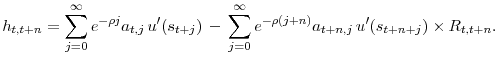 \displaystyle h_{t, t+n} = \sum^{\infty}_{j=0} e^{-\rho j} a_{t,j} \, u'(s_{t+j}) \, - \, \sum_{j=0}^\infty e^{-\rho (j+n)} a_{t+n,j} \, u'(s_{t+n+j}) \times R_{t, t+n}.