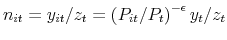 n_{it}=y_{it}/z_{t}=% \left( P_{it}/P_{t}\right) ^{-\epsilon }y_{t}/z_{t}