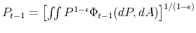  P_{t-1}=\left[ \iint P^{1-\epsilon }\Phi _{t-1}(dP,dA)\right] ^{1/(1-\epsilon )}