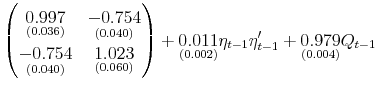 \displaystyle \begin{pmatrix}\underset{(0.036)}{0.997} & \underset{(0.040)}{-0.754} \\ \underset{(0.040)}{-0.754} & \underset{(0.060)}{1.023} \end{pmatrix} +\underset{(0.002)}{0.011}\eta_{t-1}\eta_{t-1}'+\underset{(0.004)}{0.979}Q_{t-1} \,