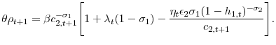 \displaystyle \theta\rho_{t+1}=\beta c_{2,t+1}^{-\sigma_{1}}\Bigg[1+\lambda_{t}(1-\sigma_{1})-\frac{\eta_{t}\epsilon_{2}\sigma_{1}(1-h_{1,t})^{-\sigma_{2}}}{c_{2,t+1}}\Bigg].