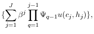 \displaystyle \{\sum_{j=1}^{J}\beta^{j}\prod_{q=1}^{j-1}\Psi_{q-1}u(c_{j},h_{j})\},