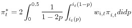 \displaystyle {\pi }^*_t=2\int^{0.5}_0{{{\frac{1}{1-2p}\int^{i_t\left(1-p\right)}_{i_t\left(p\right)}{{w_{i,t}\pi }_{i,t} di dp}}}}