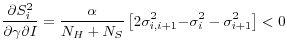 \displaystyle \frac{\partial S^2_i}{\partial \gamma \partial I}=\frac{\alpha }{N_H+N_S}\left[2{\sigma }^2_{i,i+1}{-\sigma }^2_i-{\sigma }^2_{i+1}\right]<0