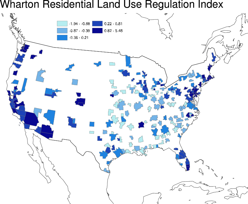Wharton Residential Land Use Regulation Index: Map of the continental United States with each metropolitan area depicted in a color representing its measured regulation. The darker colors, representing more regulation, are concentrated on the coasts.