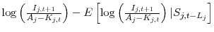  \log\left(\frac{I_{j,t+1}}{A_j - K_{j,t}}\right) - E\left[ \log\left(\frac{I_{j,t+1}}{A_j - K_{j,t}}\right) \vert S_{j,t-L_j}\right]