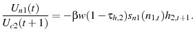 \displaystyle \frac{U_{n1}(t)}{U_{c2}(t+1)}=-\beta w(1-\tau_{h,2})s_{n1}(n_{1,t})h_{2,t+1}.