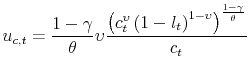 \displaystyle u_{c,t}=\frac{1-\gamma }{\theta }\upsilon \frac{\left( c_{t}^{\upsilon }\left( 1-l_{t}\right) ^{1-\upsilon }\right) ^{\frac{1-\gamma }{\theta }}}{ c_{t}}