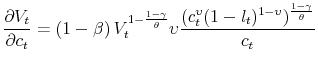 \displaystyle \frac{\partial V_{t}}{\partial c_{t}}=\left( 1-\beta \right) V_{t}^{1-\frac{ 1-\gamma }{\theta }}\upsilon \frac{(c_{t}^{\upsilon }(1-l_{t})^{1-\upsilon })^{\frac{1-\gamma }{\theta }}}{c_{t}}