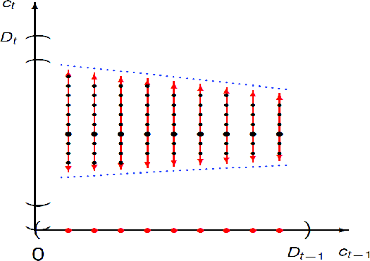 Figure 1: Feasibility area for a generic node: This figure represents the two-dimensional grid for a generic node, where the first grid dimension, c1,t-1,  belongs to the (0; Dt-1) interval. To exclude negative surplus consumption the second grid dimension, c1,t, belongs to the (b1c1,t-1, Dt - b2(Dt-1-c1,t-1)). The area bounded by blue dots represents the feasibility area, where agents agree on prices. For each c1,t-1 this area is found from inside, starting at the bold bullets and moving up- and downwards, until the boundary (negative prices) is reached.