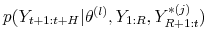  p(Y_{t+1:t+H}\vert \theta^{(l)}, Y_{1:R},Y^{*(j)}_{R+1:t})