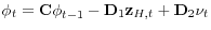 \displaystyle \mathbf{\phi }_{t}=\mathbf{C\phi }_{t-1}-\mathbf{D}_{1}\mathbf{z}_{H,t}+% \mathbf{D}_{2}\mathbf{\nu }_{t}