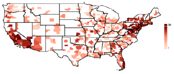 Figure 1: Estimated Planning Duration by Metropolitan Area: for Standardized Project, in months. This figure is a heat map of the geographic distribution of estimated time to plan lags for the identifiable MSAs in the regression sample, for a hypothetical project with standardized characteristics.  Estimated planning durations range from one month to 26 months, with longer durations represented with progressively darker shading.  The most prominent feature of the chart is that the darkest shaded areas--with planning durations upwards of 15 months--tend to be MSAs located on or near the Atlantic and Pacific coasts.  On the East coast, the longest planning durations tend to coincide with major MSAs spanning much of the states of Massachussets, Rhode Island, Connecticut, New York, New Jersey, Pennsylvania, Maryland, Virginia, Georgia, and Florida.  On the West coast, the longest planning durations are in California and southern Nevada, while lags in Arizona, Oregon, and Washington are also high in relation to the nationwide norms.  Meanwhile, the shading of MSAs located in inland states is generally lighter than in coastal areas, indicating much shorter planning durations in these areas, on balance. See link below for figure data.