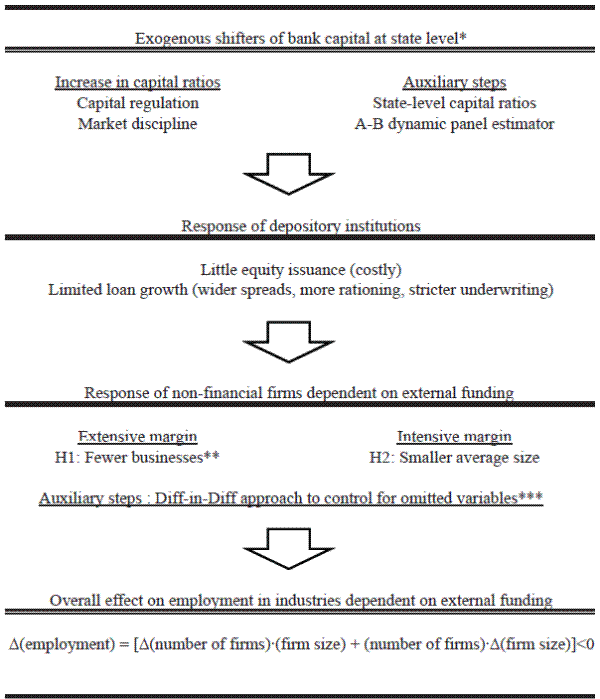 Figure 9 Description: Propagation Mechanism of Bank Balance Sheet Pressures on Firms: A flow chart shows the propagation mechanism of bank balance sheet pressures on firms starting from exogenous shifters of bank capital at the state level.  A footnote to the first item reads ?One may argue that both capital regulation and market discipline are not exogenous.  For example, tighter capital regulation might be construed as an endogenous policy response to a financial crisis. Similarly, stricter market discipline might follow or coincide with a financial crisis. Hence, we take extra steps to focus on exogenous movement in capital ratios. First, we use state-level capital ratios that are heavily influenced by banks that have operations in other states and countries. Second, we use the Arellano-Bond (A-B) estimator to try to control for further endogeneity.?  Likewise, the next items listed under ?Increase in capital ratios? on the left are ?Capital regulation? and ?Market discipline.? On the right, below ?Auxiliary steps,? are ?State-level capital ratios? and ?A-B dynamic panel estimator.?  An arrow points to the next item down, which is ?Response of depository institutions,? which can be summarized as ?Little equity issuance (costly)? and ?Limited loan growth (wider spreads, more rationing, stricter underwriting).?  Another arrow points to the next item down, which says ?Response of non-financial firms dependent on external funding.?  On the left, for the first hypothesis, it reads ?Extensive margin ? H1: Fewer businesses,? which has an associated footnote that reads ?The number of incorporations might not necessarily decline in response to more limited access to finance.  First, setting up a business itself is not costly. Second, some of the displaced workers have been shown to establish their own firms, perhaps relieving the downward pressure on the number of firms.?  The second hypothesis on the right reads ?Intensive margin ? H2: Smaller average size.?  ?Auxiliary steps: Diff-in-Diff approach to control for omitted variables? is listed below the two hypotheses with a footnote that says ?Our main identification assumption is to assume that bank balance-sheet pressures only affect industries dependent on external finance.?  The last arrow leads to the ?Overall effect on employment in industries dependent on external funding? which is characterized by the fact that the change in total employment equals the change in the total number of firms multiplied by average firm size plus the number of firms multiplied by the change in the average firm size, which presumably is negative.