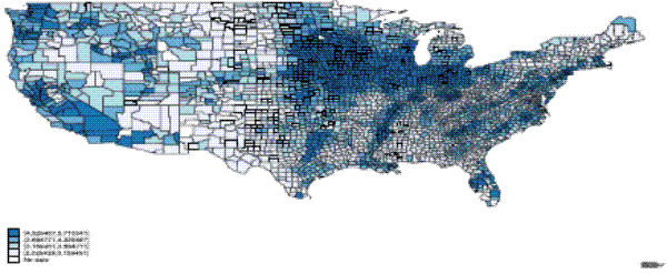 Figure 2. Land Price Per Acre Across US Counties, 1920 US Census. This figure depicts land prices per acre across the continental United States. The data comes for the 1920 Census.  The Land prices are broken down into five categories, namely: (4.329487-5.710541), (3.684771-4.329487), (3.159451-3.684771),(2.025429-3.159451), no data available.  Land prices are given in US dollars.  Land prices appear to be highest in California and the Midwest and lowest in the Western region (with the exception of California).   Pockets of the East Coast also appear to have high land prices.  