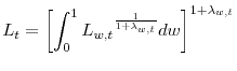\displaystyle L_{t}=\left[ \int_{0}^{1}L_{w,t}{}^{\frac{1}{1+\lambda _{w,t}}}dw\right] ^{1+\lambda _{w,t}}