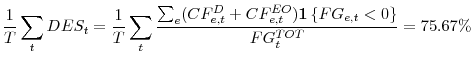 \displaystyle \frac{1}{T}\sum_{t}DES_t = \frac{1}{T}\sum_{t} \frac{\sum_e({CF_{e,t}^{D}+CF_{e,t}^{EO}}) \mathbf{1}\left\{ FG_{e,t}<0\right\} }{{FG_t^{TOT}}} = 75.67\%